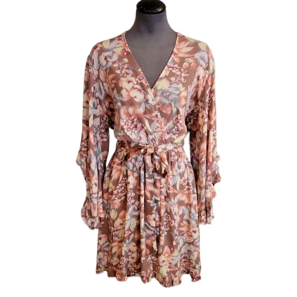 NWT U.O. DRESS FORUM L.A. BOHO FLORAL KIMONO SLEEVE FAUX WRAP DRESS SZ. S